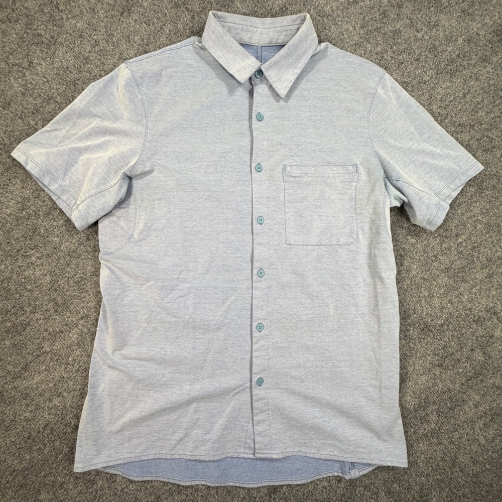 Lululemon Mens Commission Short Sleeve Button Down Shirt Blue Heathered 0844